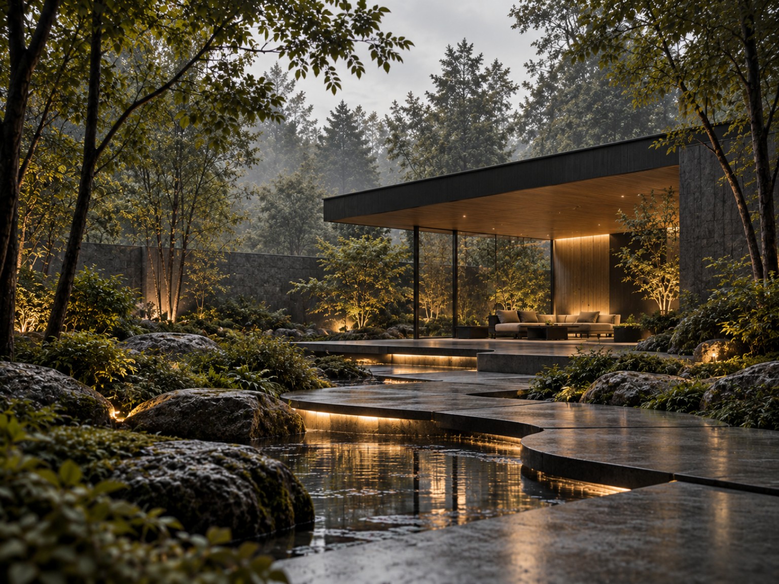 Contemporary pavilion in a calm forest landscape above dark water