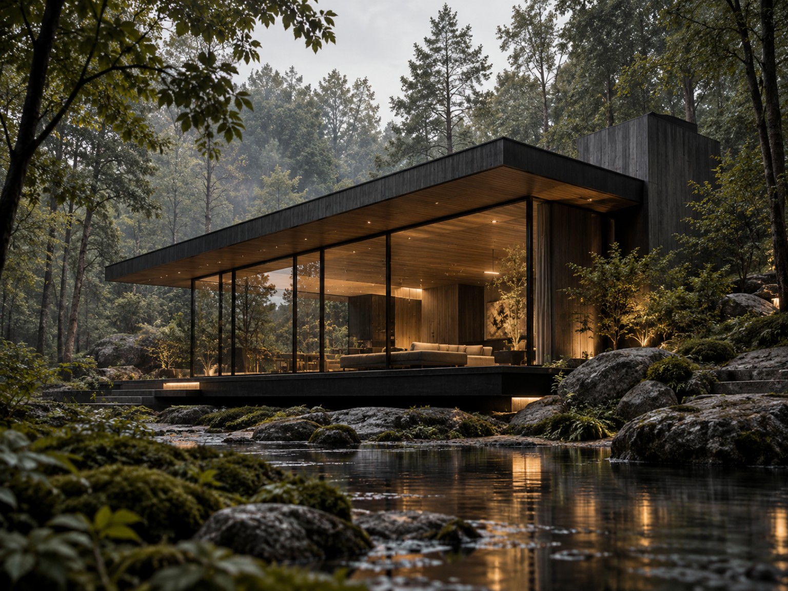 Contemporary interior lounge with warm light and a forest view