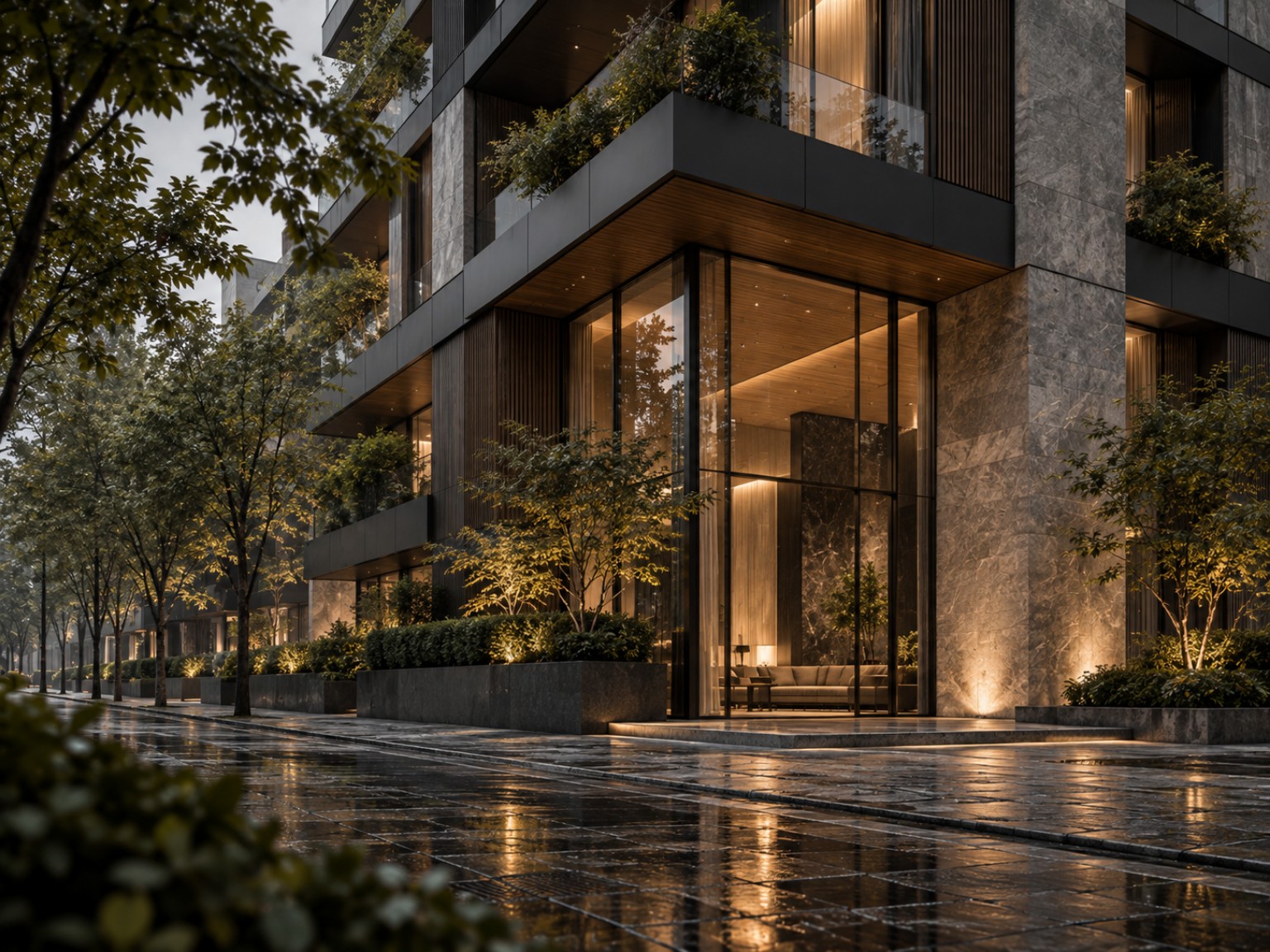 Contemporary pavilion integrated into a landscaped forest setting